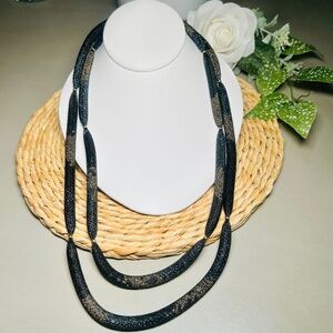 CHICO’S Long Black Mesh Double Strand Necklace with Brass Tone Bead Accents